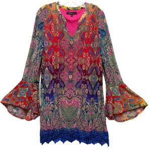 Caleesa Womens Paisley Bell Sleeve Tunic Top Metallic Lace Trim V-Neck Multi L
